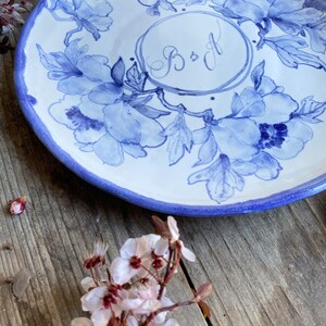 Blue peony handpainted porcelain plate, housewarming gift, peony handmade pottery, decorative plate, gifts for women, wedding names plate image 5