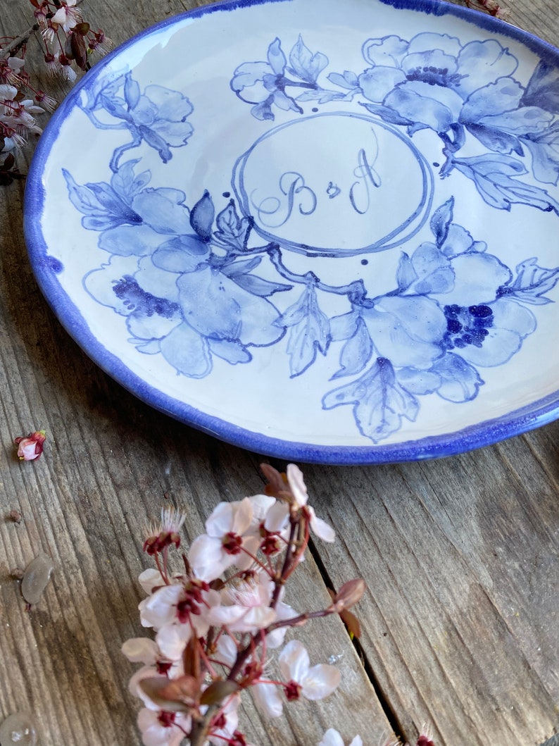 Blue peony handpainted porcelain plate, housewarming gift, peony handmade pottery, decorative plate, gifts for women, wedding names plate image 5