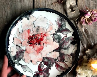 Red peony flat plate with edge - hand painted plate, with peonies design ceramic handmade kitchenware by Jane and Mery