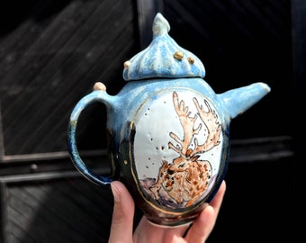 Deer hand painted ceramic teapot, large porcelain teapot, cute pottery, custom teapot, mothers day gift, new house gift