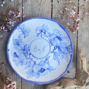 Blue peony handpainted porcelain plate, housewarming gift, peony handmade pottery, decorative plate, gifts for women, wedding names plate image 8