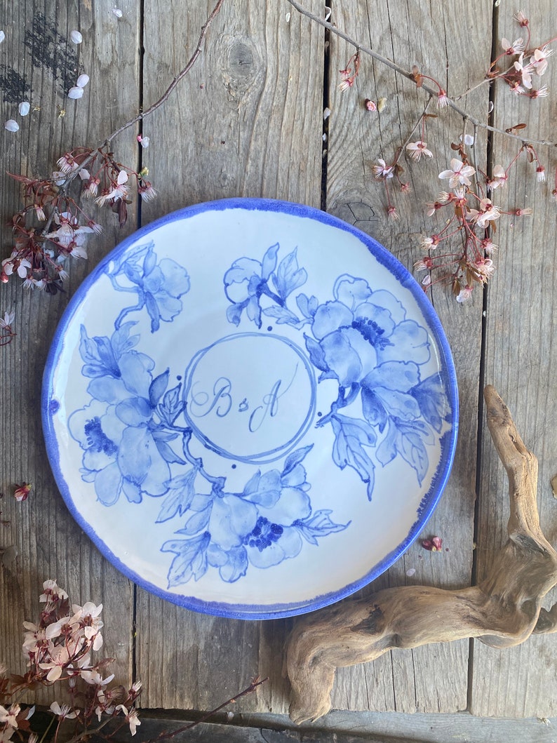 Blue peony handpainted porcelain plate, housewarming gift, peony handmade pottery, decorative plate, gifts for women, wedding names plate image 8