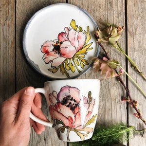 Porcelain plate and cup with anemona flower, handmade plate for salad, handpainted dinner plates, cute plate, colorful plate image 1