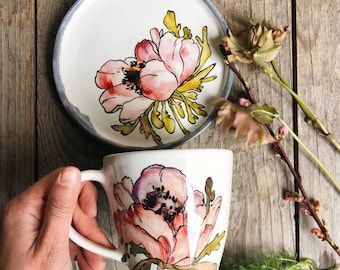 Porcelain plate and cup with anemona flower, handmade plate for salad, handpainted dinner plates, cute plate, colorful plate