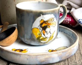 Porcelain Mug and Saucer Coffee bumblebee set, majolica - porcelain cup and handmade saucer  hand painted, with bumblebee on peonies flower