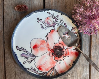 Flat handpainted plates, cereal plate, decorative bowl, fruit bowl, flower plate set, personalized plate, anemone plate, botanical plate