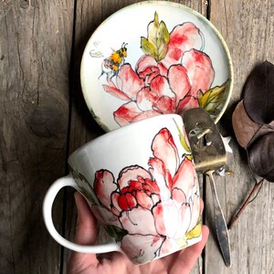 Mother day gift Porcelain Mug and Saucer Coffee Peonies set, majolica porcelain cup and handmade saucer hand painted, with peony flower image 3