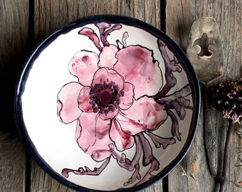 Anemone ceramic handmade bowl, serving bowl, with flowers, salad and ramen bowl, mothers day gift, hand painted pottery, housewarming gift