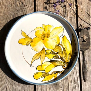 Yellow magnolia serving plate, ceramic plate, floral dinner plates, handpainted bowl, handmade gift, snack dish, decor plate