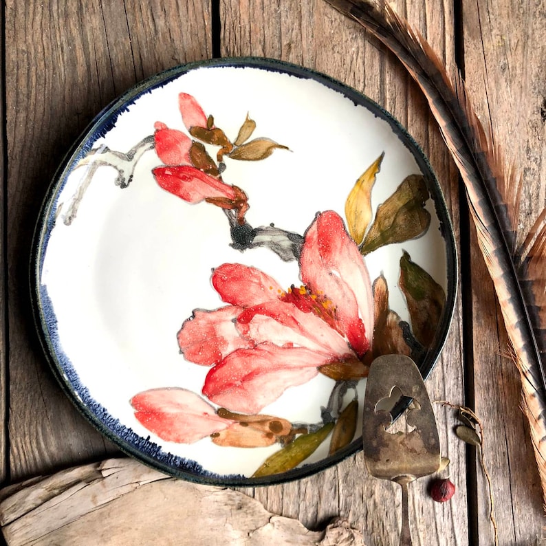 Magnolia plate, ceramic plate art, kitchen decor, hand painted plate, new home gift, porcelain plate, ceramic dish