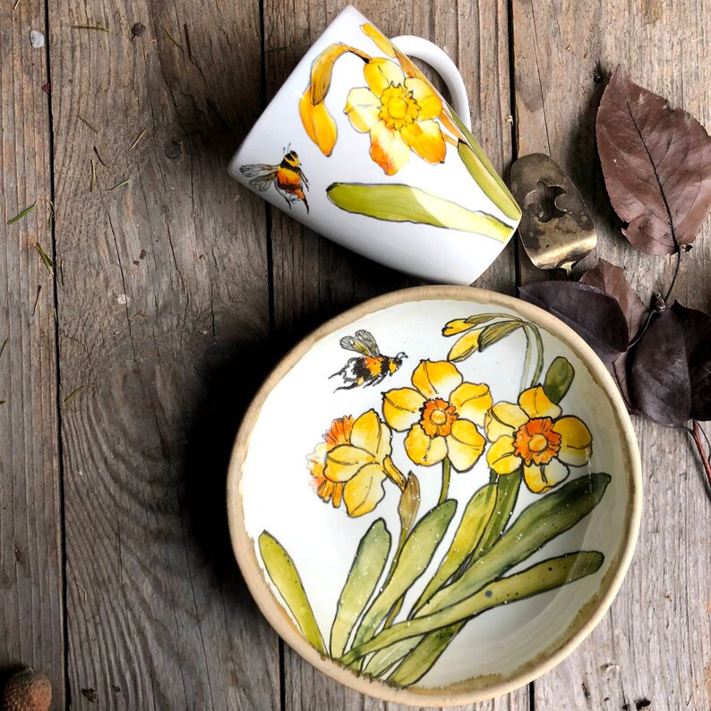 Yellow bowl and cup set, miso bowl, pasta bowl, cute handmade pottery, bee dinner plates, gifts for women image 4