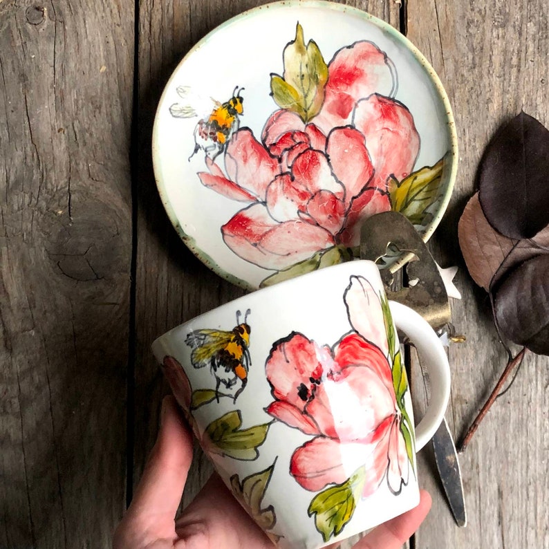 Mother day gift Porcelain Mug and Saucer Coffee Peonies set, majolica porcelain cup and handmade saucer hand painted, with peony flower image 1