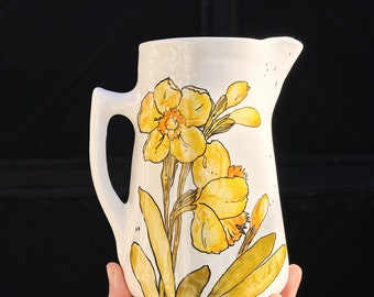 Hand painted Jug narcissus flower pitcher botanical art ceramic