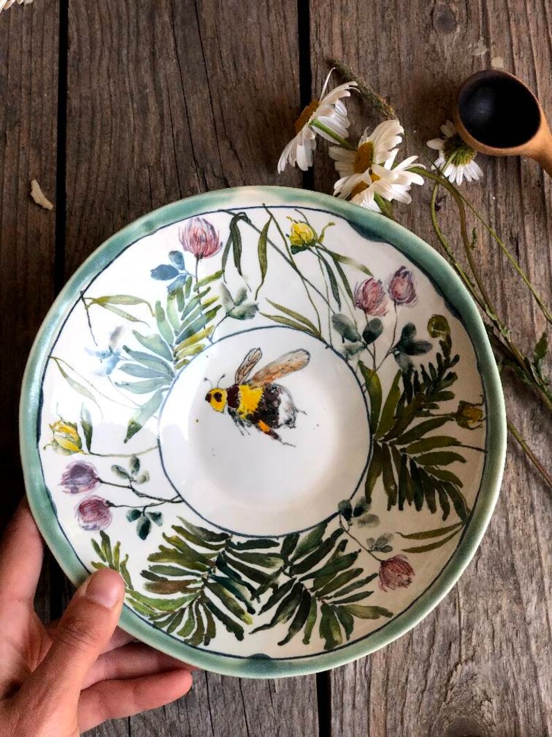 Ramen Bowl Porcelain Hand Painted Bumblebee on Clover Field Etsy