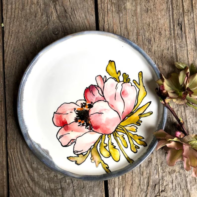 Porcelain plate and cup with anemona flower, handmade plate for salad, handpainted dinner plates, cute plate, colorful plate image 9