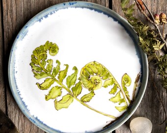 Fern porcelain plate with wall edge - hand painted plate, with fern design ceramic handmade kitchenware by Jane and Mery