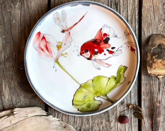 GoldFish porcelain plate with wall edge - hand painted plate, with golden fish carp tableware ceramic handmade kitchenware by Jane and Mery