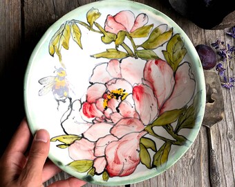 Peony flower elegant tableware, ramen plate, farmhouse decor, soup bowl, serving bowl, ice cream bowls, ceramic bowls