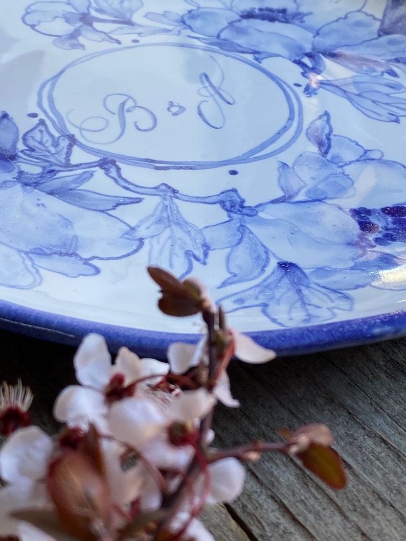 Blue peony handpainted porcelain plate, housewarming gift, peony handmade pottery, decorative plate, gifts for women, wedding names plate image 3