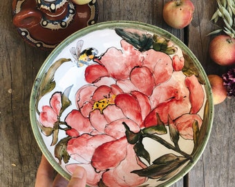 Ramen-Schüssel aus Porzellan, handbemalt, Pfingstrosenblüte, botanische Kunst, rustikale Schüssel für Suppe oder Salat, Servieren mit Pfingstrosen-Blumenmalerei-Schale