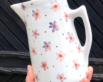 Handmade pottery Jug flower pitcher botanical art ceramic porcelain liquids jug