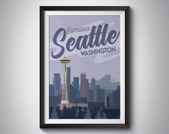 May include: A vintage-style travel poster with a purple background featuring the text "Experience Seattle WASHINGTON" in a stylized font. The poster depicts a cityscape with the Space Needle in the center, surrounded by other buildings and a mountain in the background.