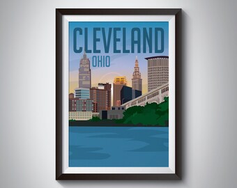 Pode incluir: Uma ilustração emoldurada do horizonte de Cleveland, Ohio. A ilustração apresenta uma cidade com edifícios altos, uma ponte e uma massa de água. O texto "CLEVELAND OHIO" está impresso em azul na parte superior da imagem.