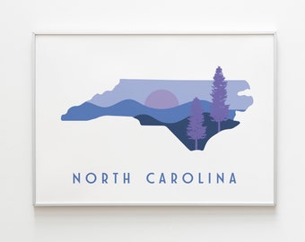 May include: A minimalist illustration of the state of North Carolina in blue and purple hues, featuring a sunset over mountains and two pine trees. The text "NORTH CAROLINA" is printed below the state outline.