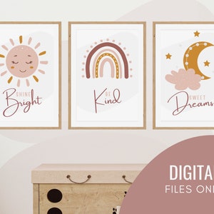 Set of 3 Sun Rainbow Moon Boho Themed Nursery, Playroom or Bedroom Wall Art Kids Decor Artwork Poster Print. Digital Download.