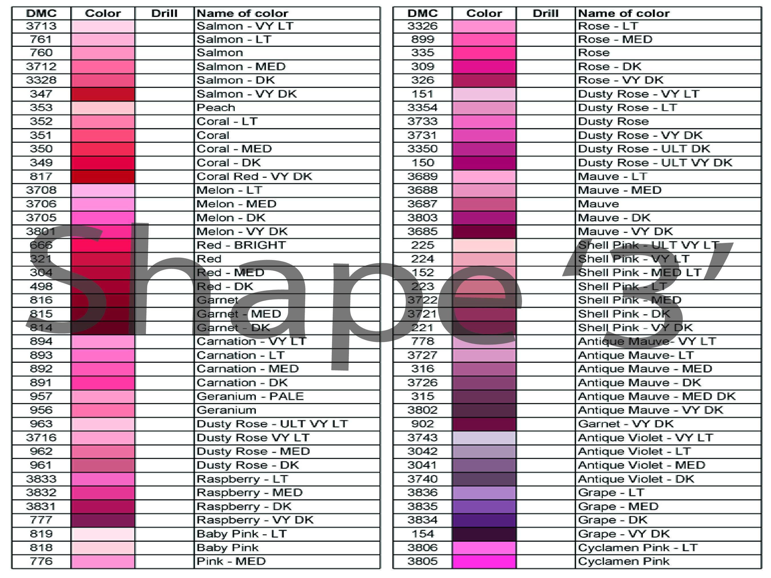 PRINTABLE PDF DMC Color Charts Diamond Painting Drill Color Etsy Canada