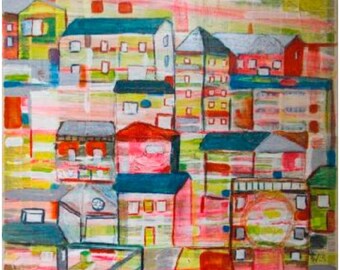 May include: Abstract painting of a cityscape with colorful buildings. The artwork features a variety of buildings in shades of pink, blue, yellow, and red. The painting has a textured appearance with visible brushstrokes.