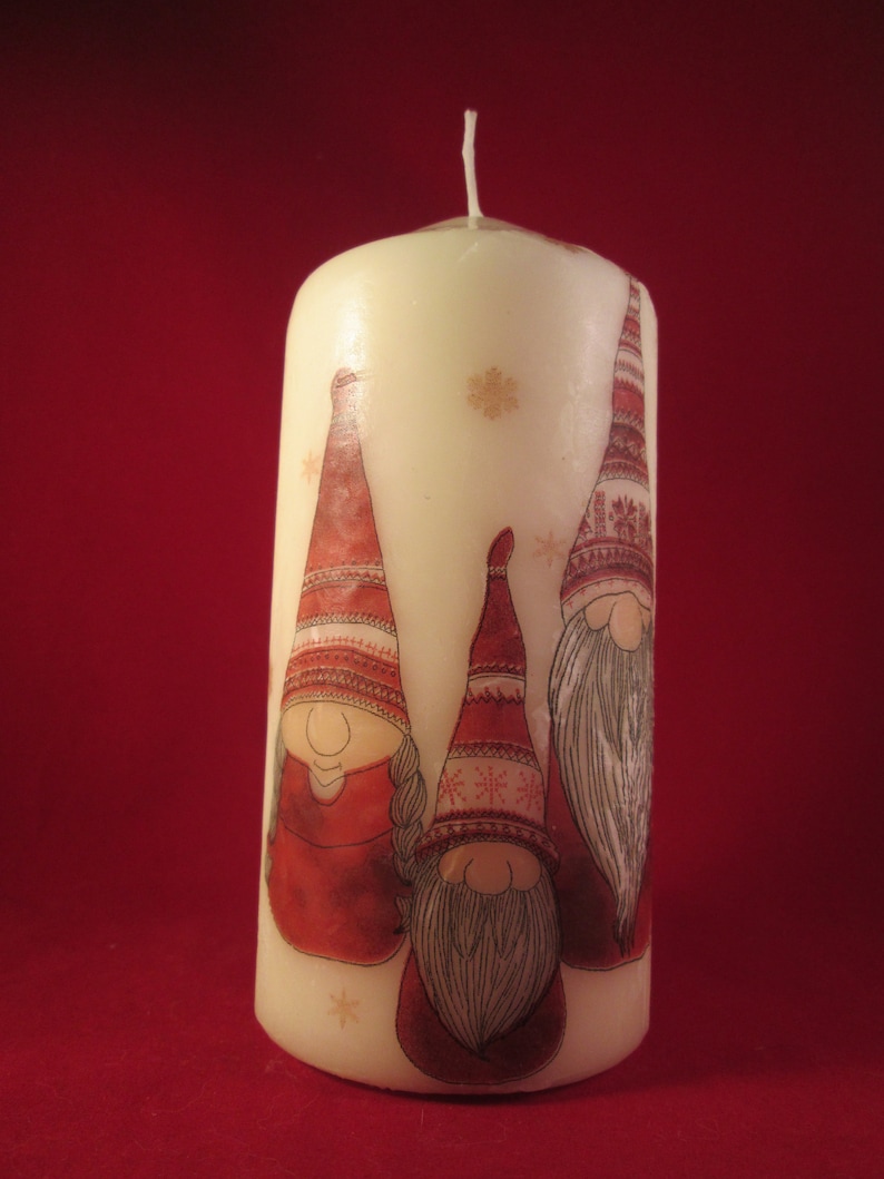 Decorated Candle, Gnomes Candle, Gnome Candle, Christmas Gnomes Candle, Decoupaged Candle, Large Pillar, Hand Decorated, Xmas Tree Candle image 6