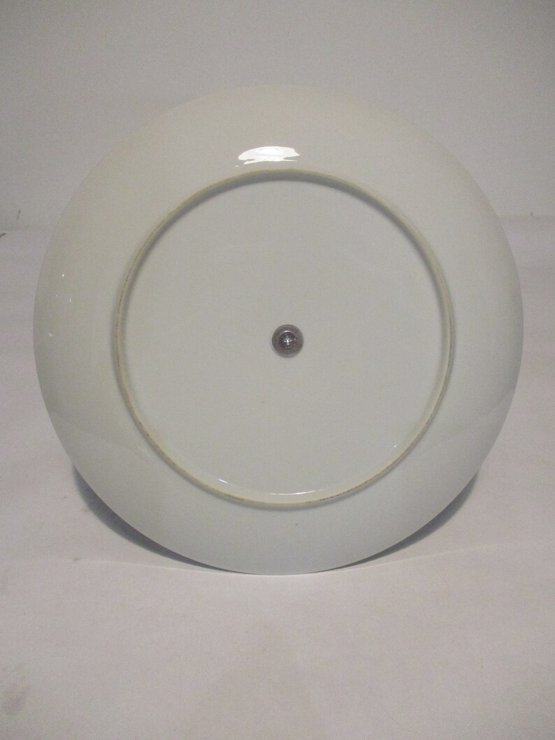 May include: The underside of a white ceramic plate with a small metal screw in the center.