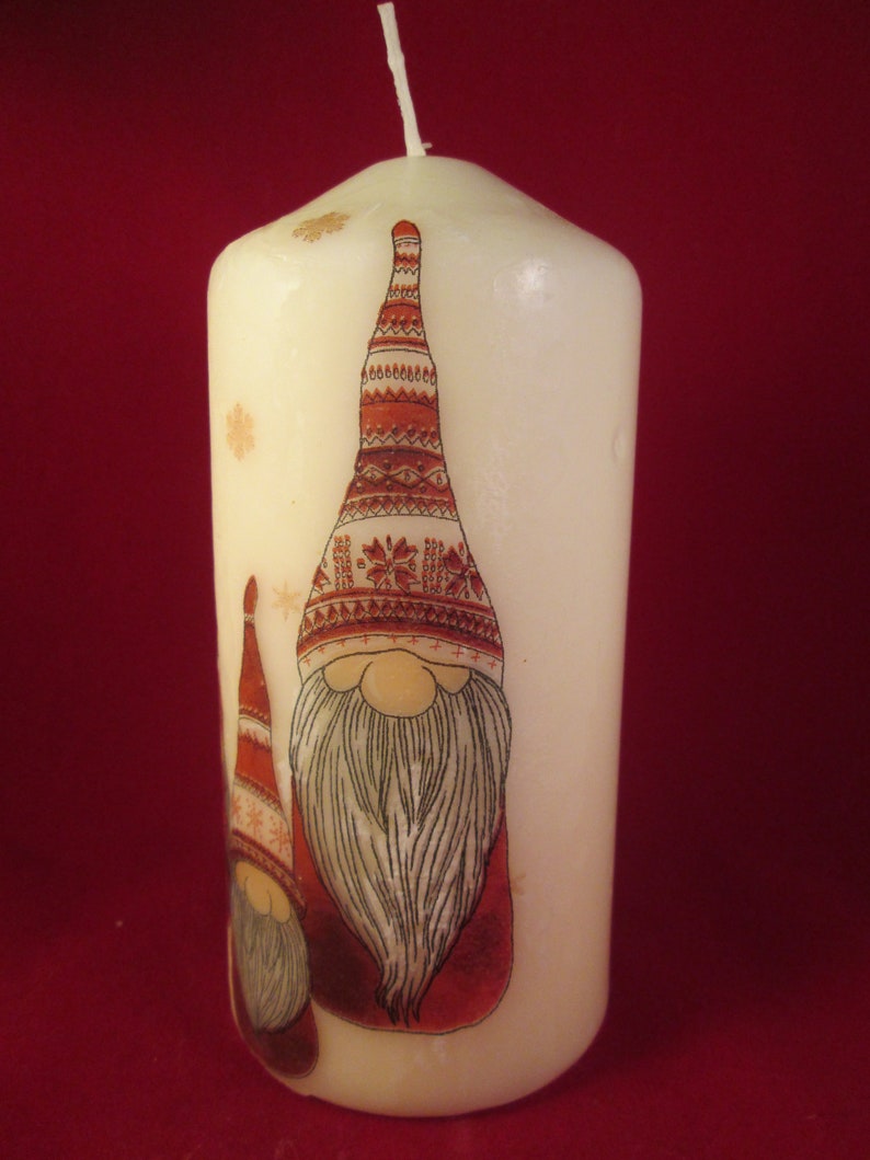 Decorated Candle, Gnomes Candle, Gnome Candle, Christmas Gnomes Candle, Decoupaged Candle, Large Pillar, Hand Decorated, Xmas Tree Candle image 2