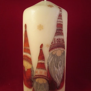 Decorated Candle, Gnomes Candle, Gnome Candle, Christmas Gnomes Candle, Decoupaged Candle, Large Pillar, Hand Decorated, Xmas Tree Candle image 1