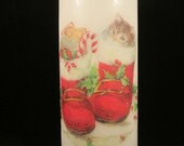 Decorated Candle, Kitten Candle, Xmas Candle, Christmas Candle, Decoupaged Candle, Large Pillar, Hand Decorated, Festive Candle,Xmas Decor