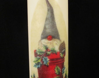 Decorated Candle, Gnome Candle, Xmas Candle, Christmas Candle, Decoupaged Candle, Small Pillar, Hand Decorated, Pillar candle, Forest Candle