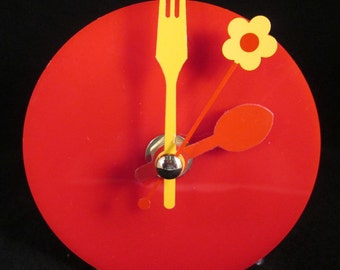 Childs Clock, Nursery Clock, Red clock, Flower Clock, Fork &  Spoon Clock, Funky Clock, Baby Clock, Childrens Clock, Bright Clock,