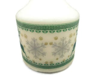 Decorated Candle, Christmas Candle, Reindeer Candle, Green Candle, Decoupaged Candle, Small Pillar Candle, Hand Decorated, Snowflake Candle