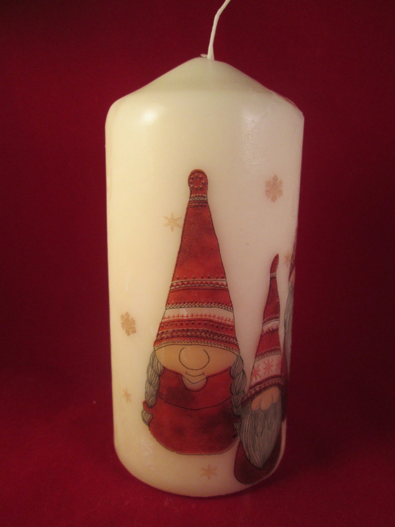 Decorated Candle, Gnomes Candle, Gnome Candle, Christmas Gnomes Candle, Decoupaged Candle, Large Pillar, Hand Decorated, Xmas Tree Candle image 3