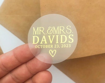 Mr & Mrs Gold Foil Stickers Foiled Wedding Favor Stickers Initials with Wedding Date Personalized Stickers, Gold Shimmer Wedding Stickers