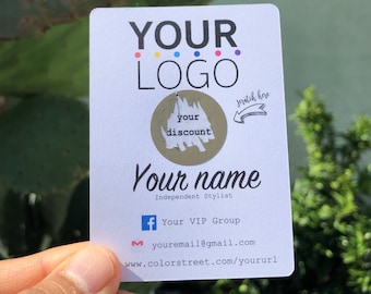 May include: White business card with a gold scratch-off circle that says "your discount". The card has the text "YOUR LOGO" in black with colorful dots, "Your name", "Independent Stylist", "Your VIP Group", "youremail@gmail.com", and "www.colorstreet.com/yoururl".