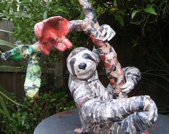 Paper sloth sculpture - silver, brown, grey, beige handmade sculpture made with recycled paper