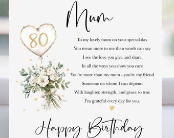 80th Birthday Card for Mum, Happy Eightieth Birthday Mum Card, Birthday Card for Her, Personalised Mum Birthday Card, Poem Birthday Card