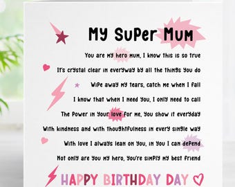Mum Birthday Card - Card for Mum - Happy Birthday Mum - Super Mum - Birthday Card for Mam - Beautiful Mum - Add personalised message 0189