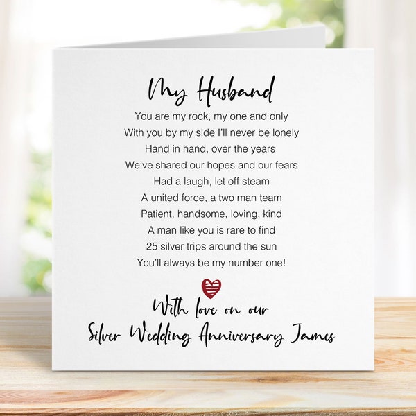 Silver 25th Wedding Anniversary Card for Husband - Happy Anniversary Husband - Wedding Anniversary Cards - Romantic Anniversary Card A0007
