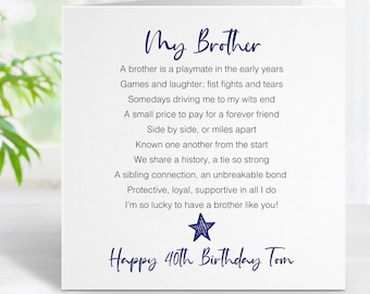 40th Birthday Card for Brother  - Happy 40th Birthday Brother - Fortieth Birthday Card Brother - My brother - Add personalised message 0080