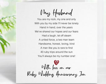 Ruby 40th Wedding Anniversary Card for Husband - Happy Anniversary Husband - Wedding Anniversary Cards - Romantic Anniversary Card A0012