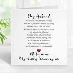 May include: A card with a poem about a husband, with the text "My Husband" and "With love on our Ruby Wedding Anniversary Jon".