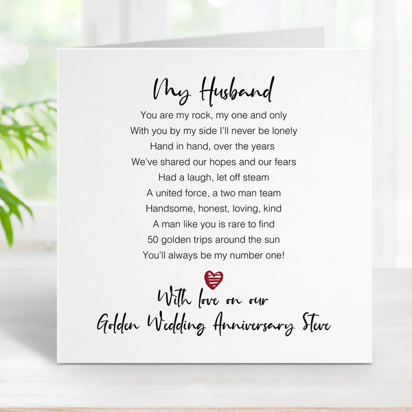 Golden 50th Wedding Anniversary Card for Husband - Happy Anniversary Husband - Wedding Anniversary Cards - Romantic Anniversary Card A0014